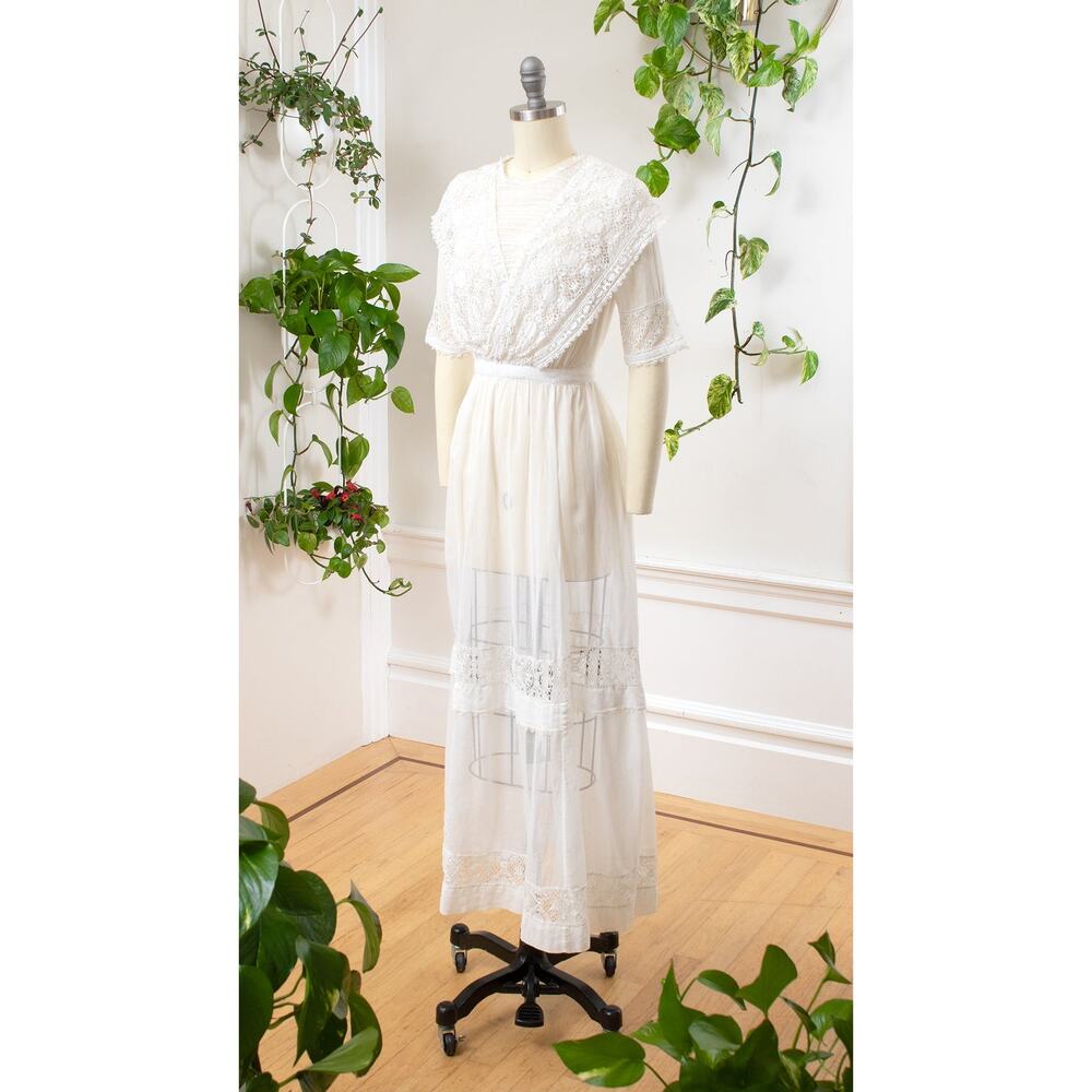 Antique Edwardian 1910s White Cotton Lace Dress Tea Lawn Vintage Wedding Gown - Picture 3 of 8